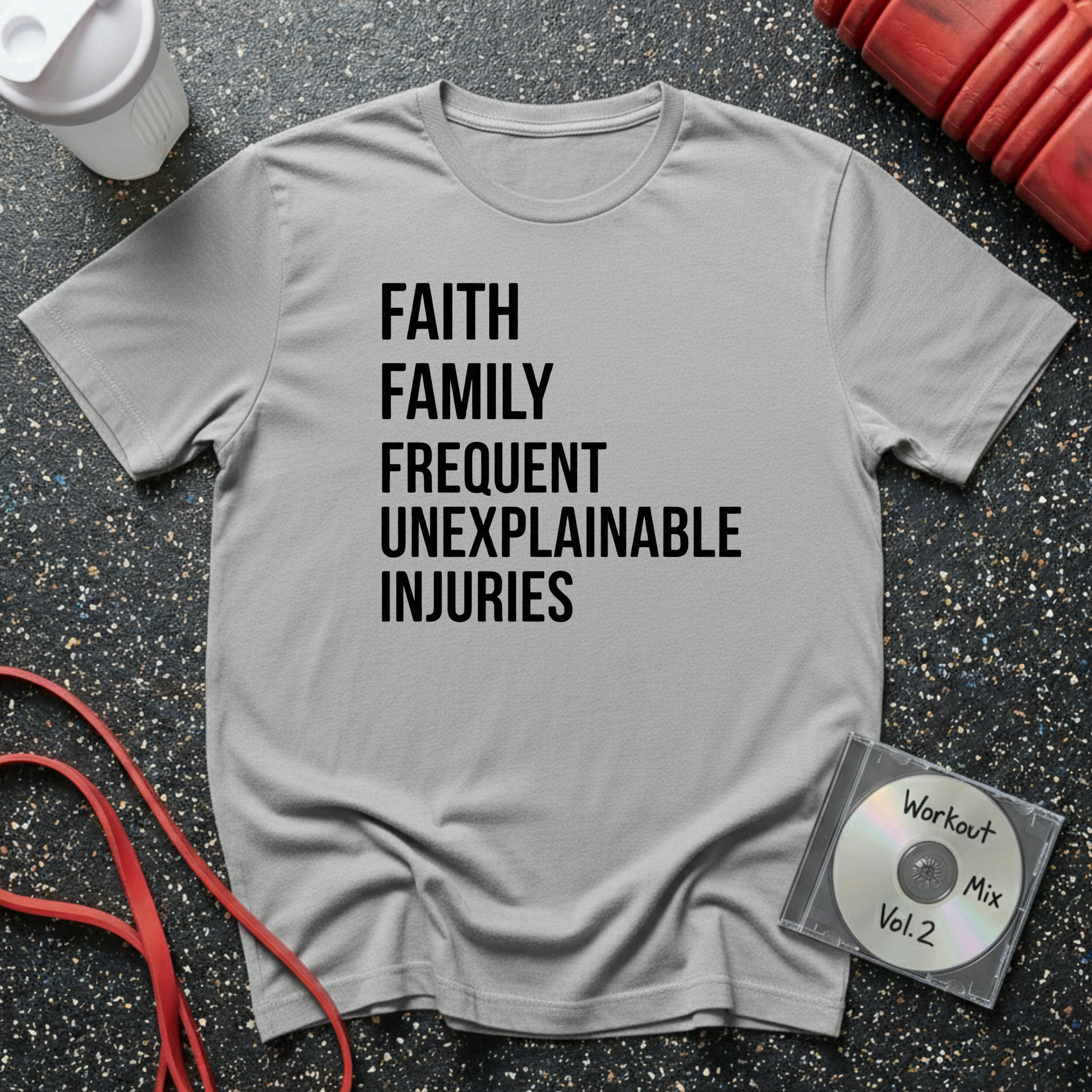 Faith Family Frequent Unexplainable Injuries Stacked Text T-Shirt