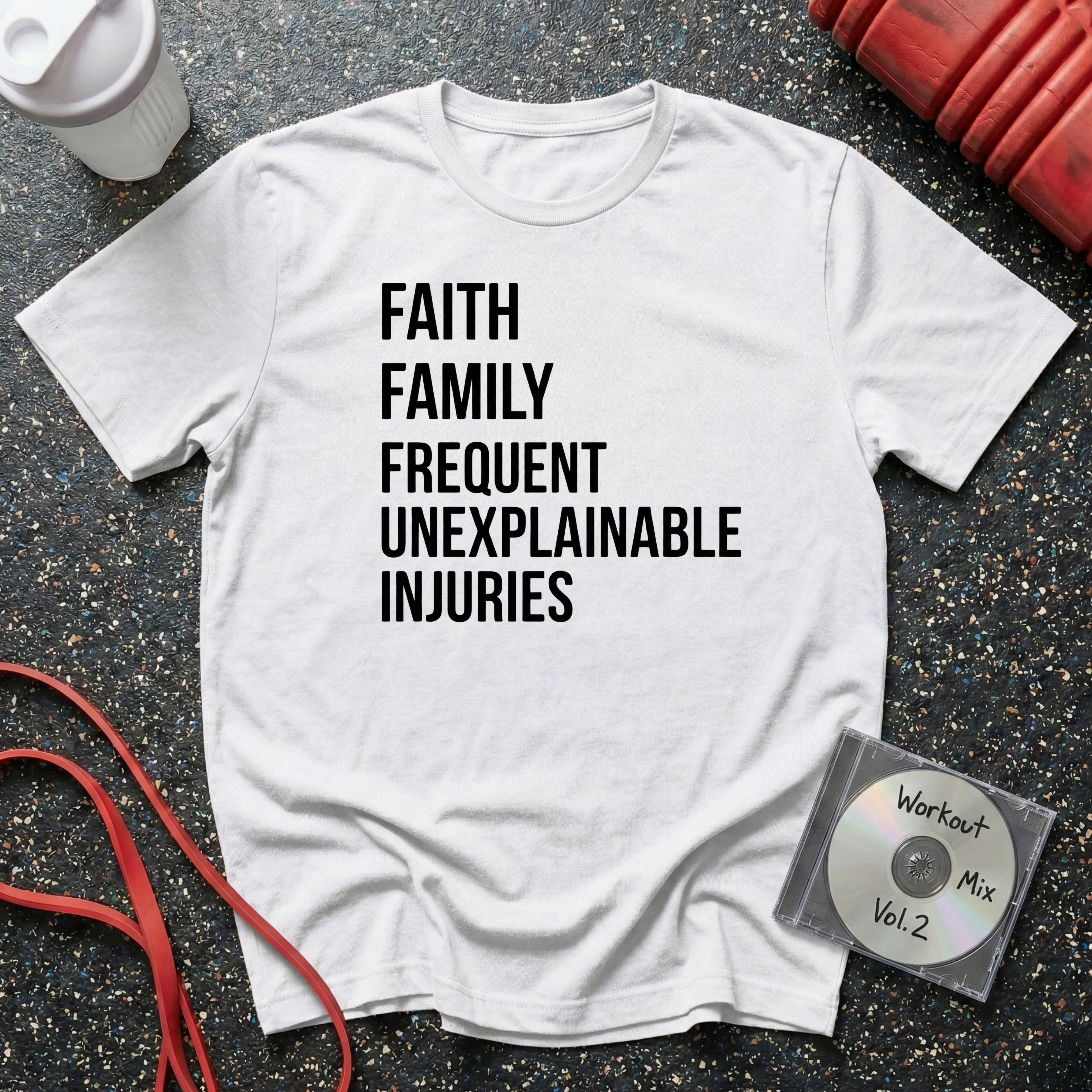 Faith Family Frequent Unexplainable Injuries Stacked Text T-Shirt