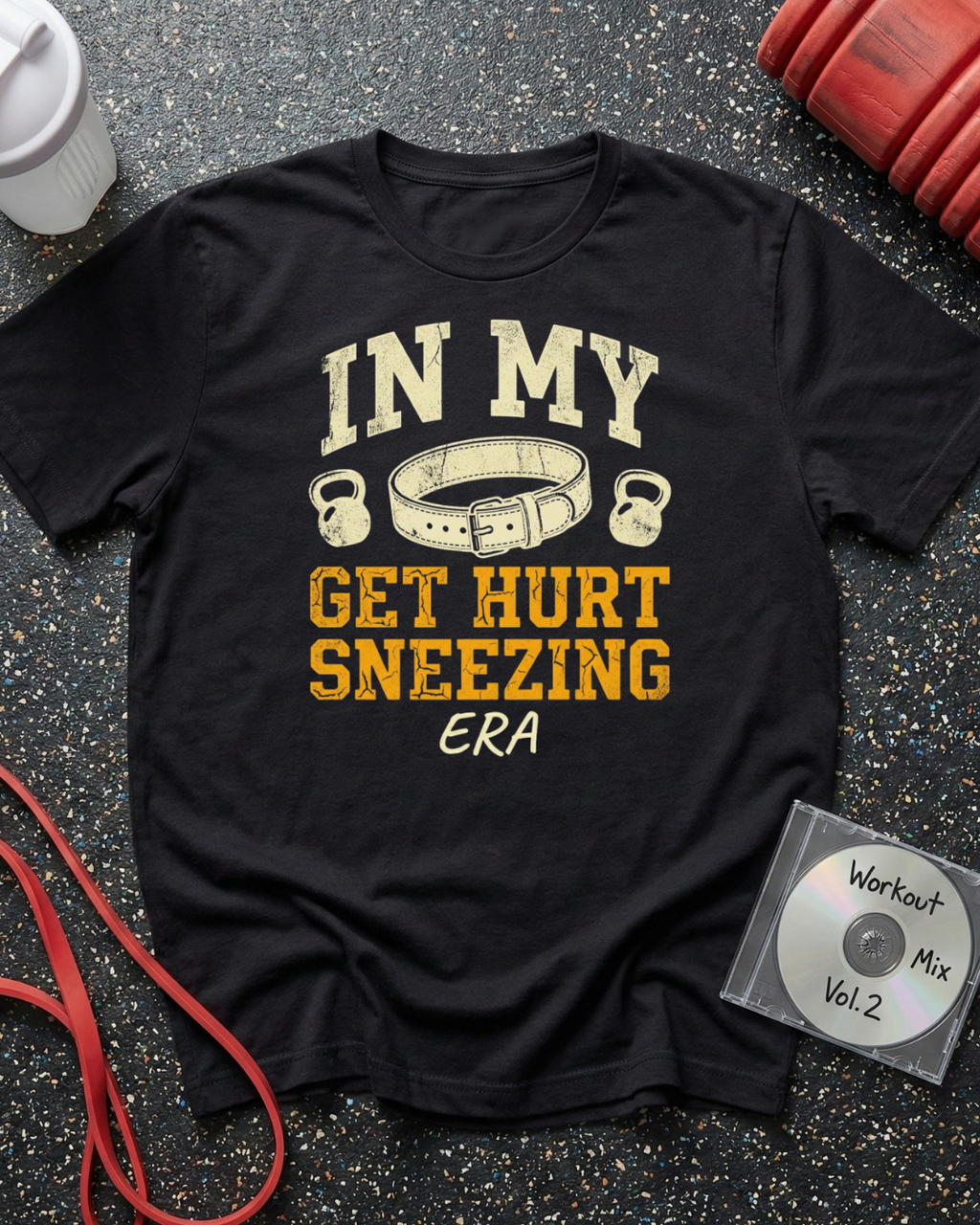 Get Hurt Sneezing Lifting Belt T-Shirt (Beige Text)