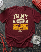 Get Hurt Sneezing Lifting Belt T-Shirt (Beige Text)