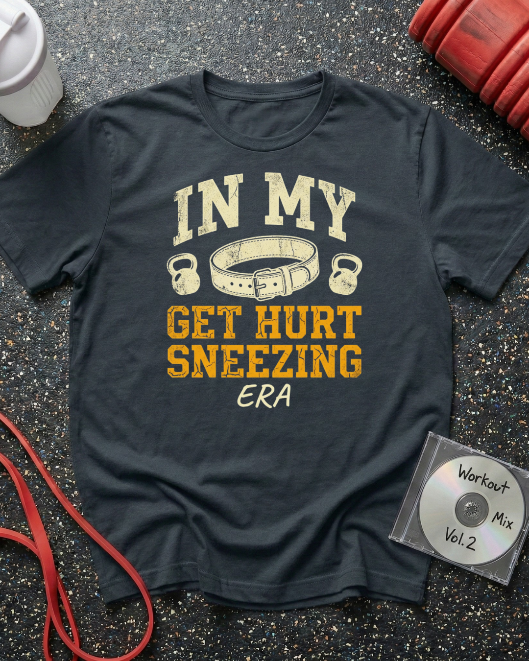 Get Hurt Sneezing Lifting Belt T-Shirt (Beige Text)