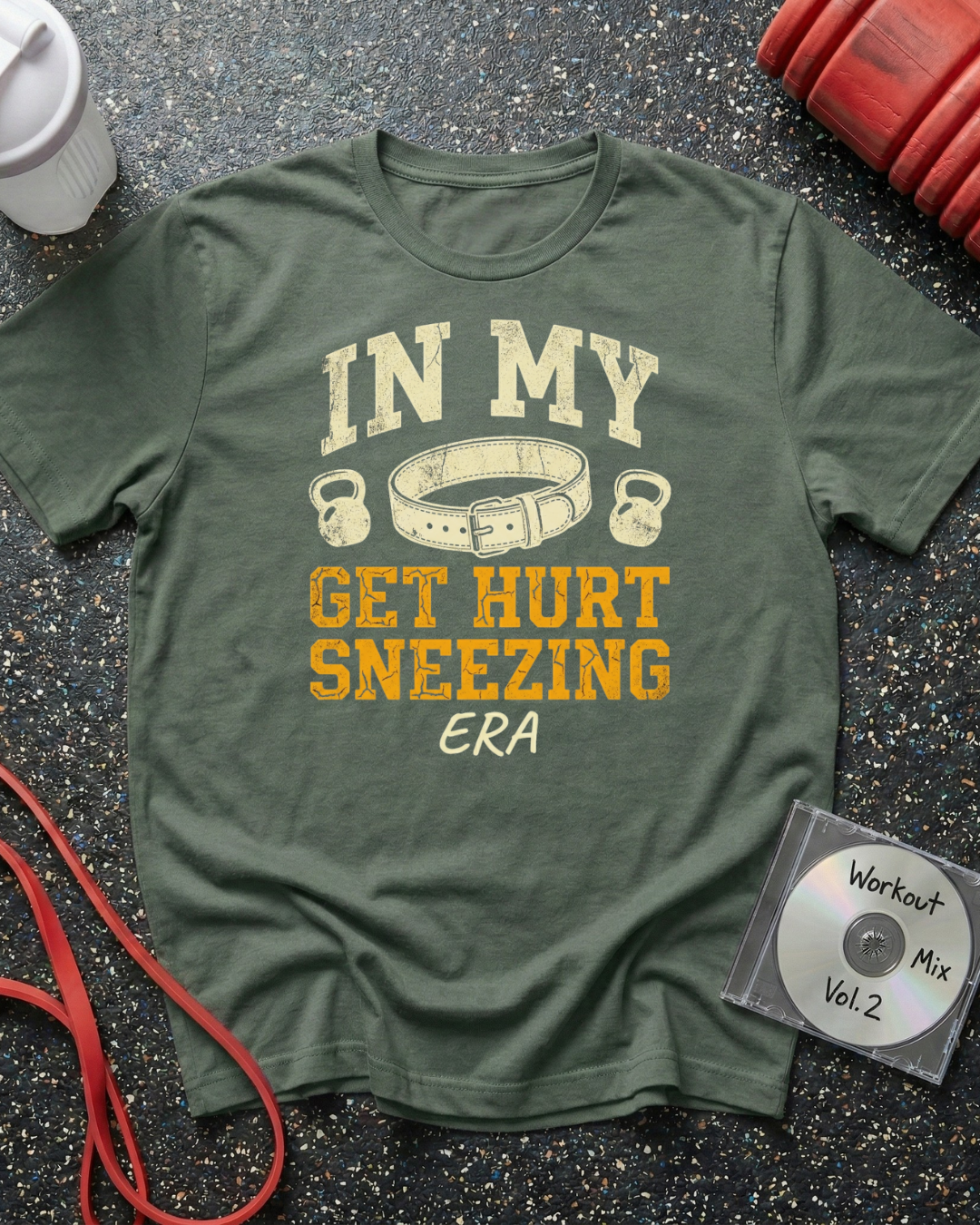 Get Hurt Sneezing Lifting Belt T-Shirt (Beige Text)