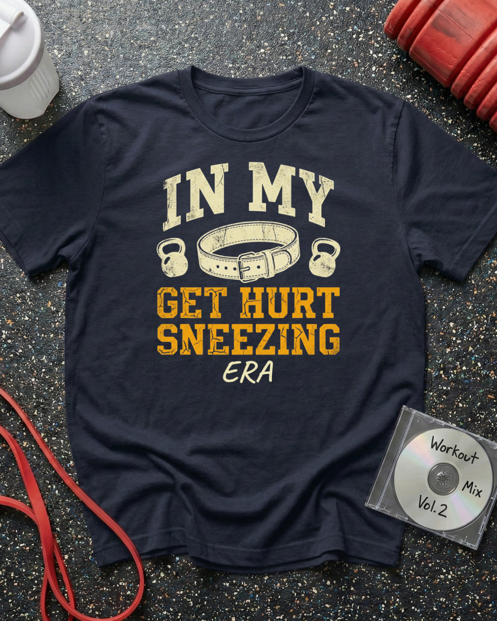 Get Hurt Sneezing Lifting Belt T-Shirt (Beige Text)