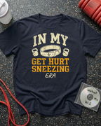 Get Hurt Sneezing Lifting Belt T-Shirt (Beige Text)